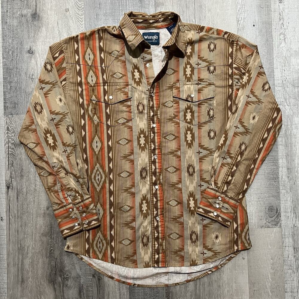 Vintage Wrangler Shirt Mens M Brown Southwestern Aztec Western Pearl Snap Cowboy